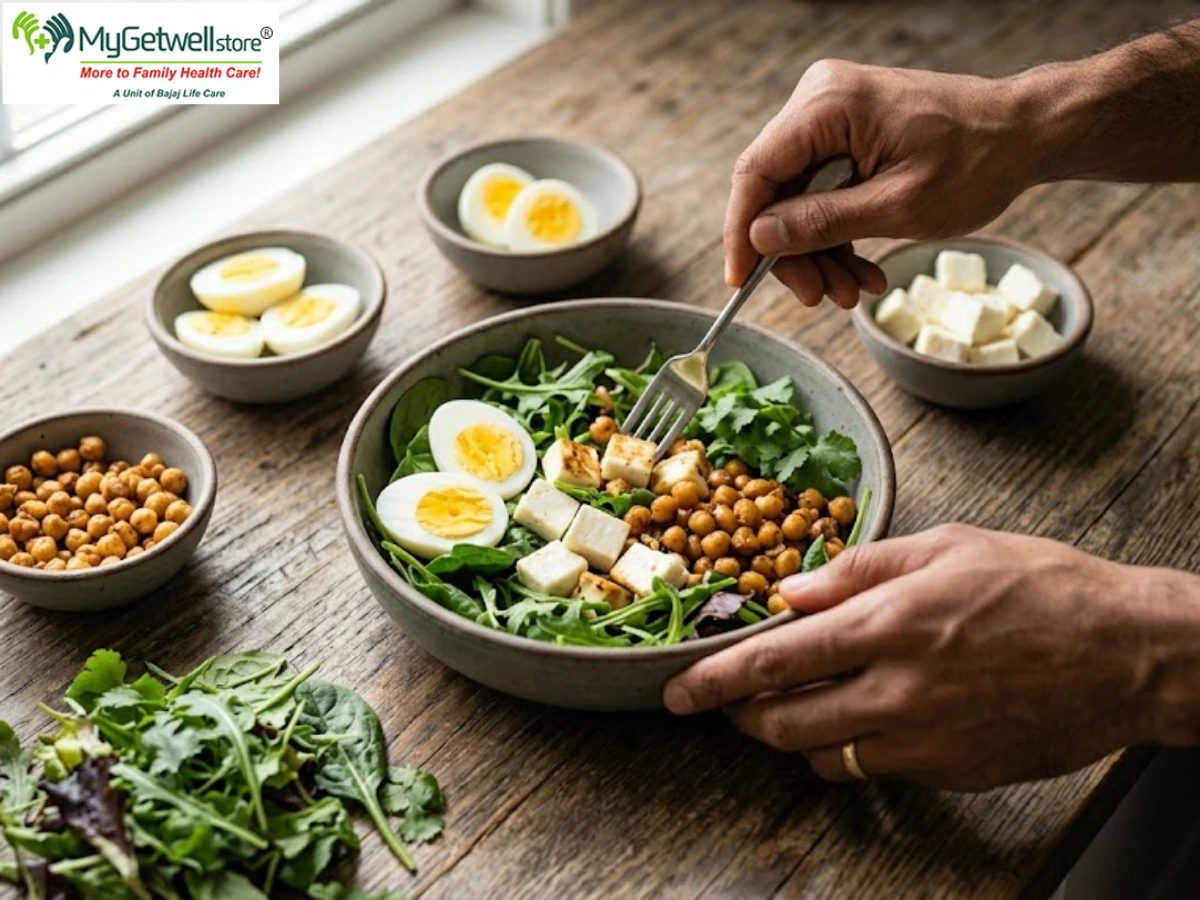 Protein-rich foods including eggs, dairy, beans, nuts, fish, and lean meat