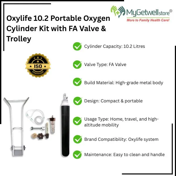 Oxylife 10.2 portable oxygen cylinder kit with FA valve and trolley for home care.webp