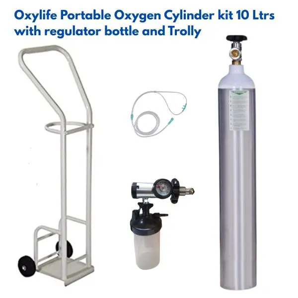 Oxylife 10 Ltr Portable Oxygen Cylinder Kit with Regulator, Bottle & Trolley – Refillable Medical Oxygen for Home & Travel Use