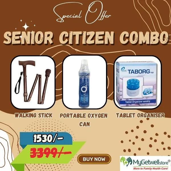 Senior Citizen Essential Combo Pack – Walking Stick, Oxygen Can & Pill Organizer