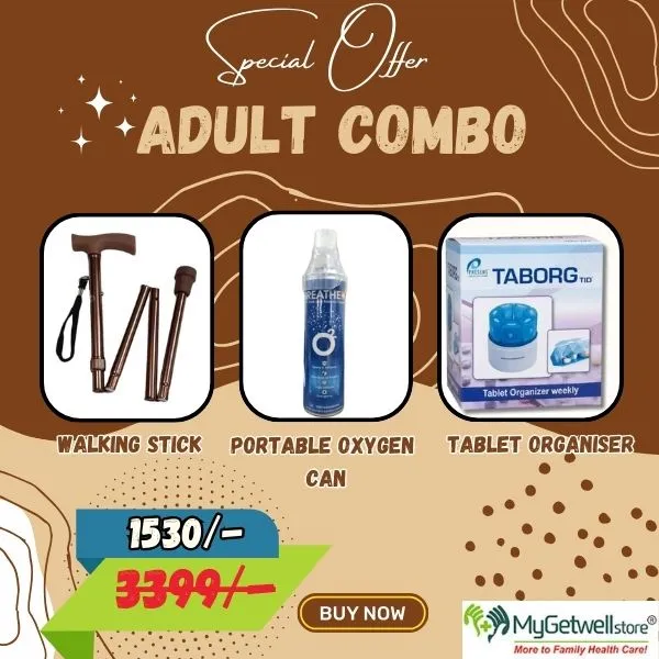 Senior Citizen Essential Combo Pack – Walking Stick, Oxygen Can & Pill Organizer